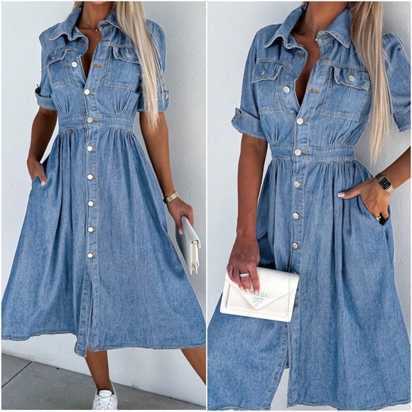Medium Wash Denim Jean Button Down Midi Dress - Picture 2 of 7